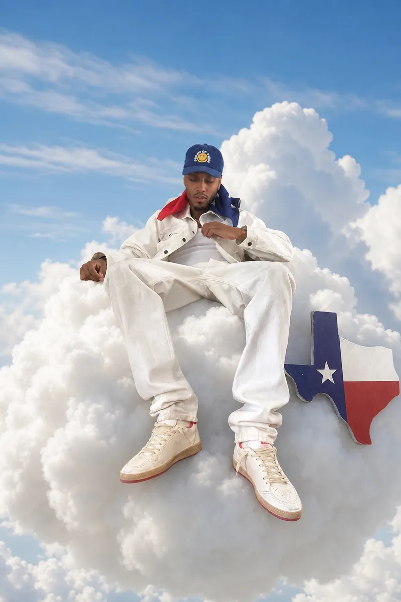 Russ Ballard sitting on a cloud beside a Texas flag cutout