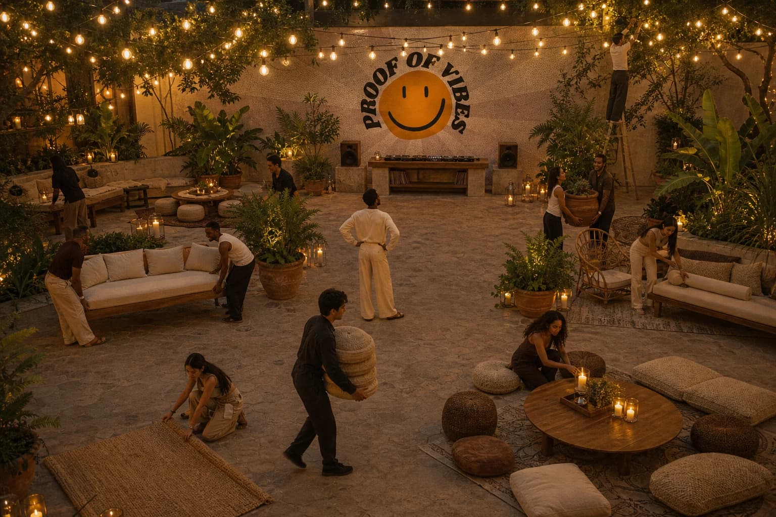 A garden courtyard being set up for a Proof of Vibes party at dusk: a mosaic wall carrying the Proof of Vibes mark, a canopy of warm string lights overhead, and friends arranging low sofas, cushions and candles around an open dance floor.