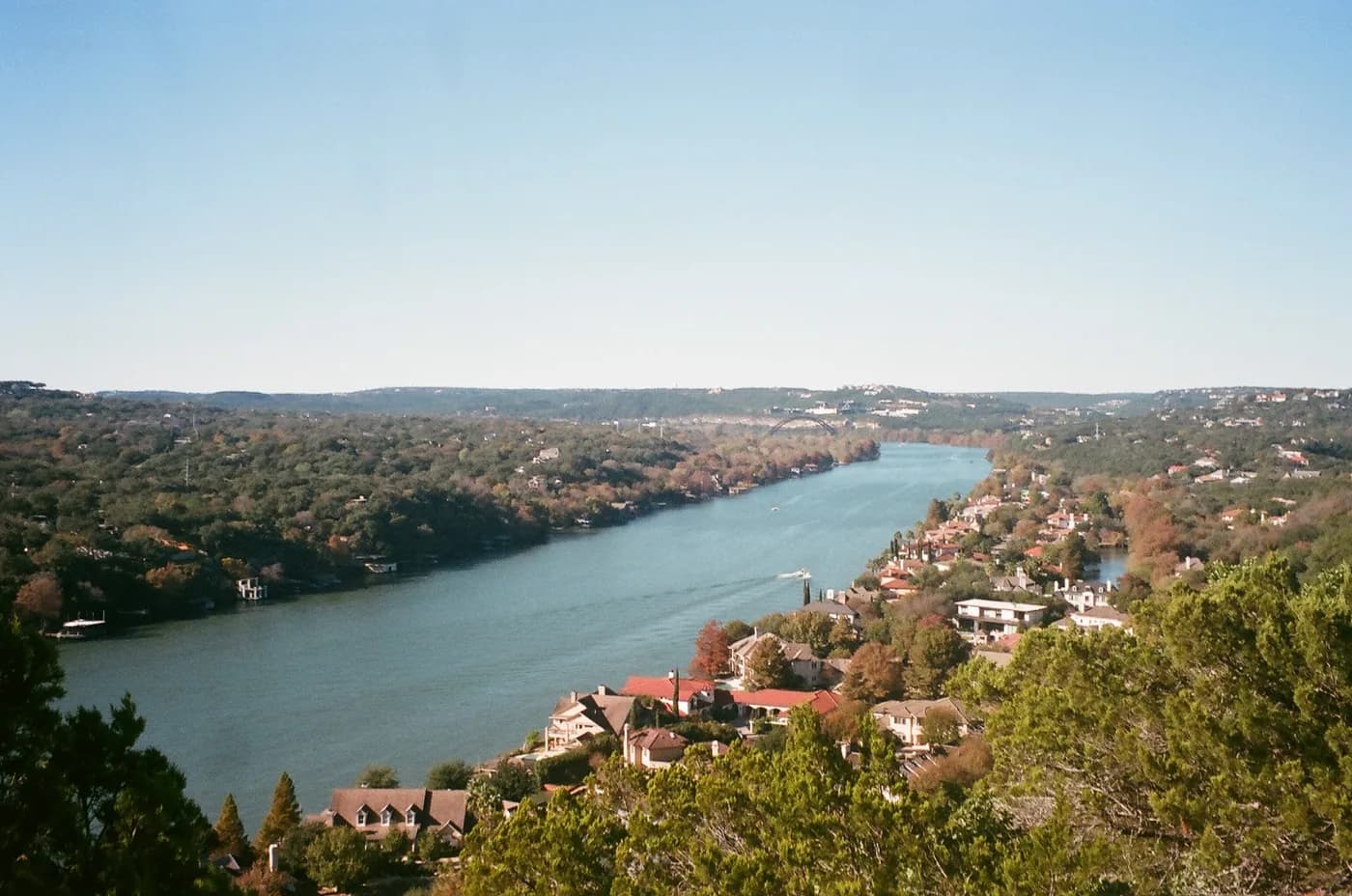 Lady Bird Lake from above, with the hills beyond